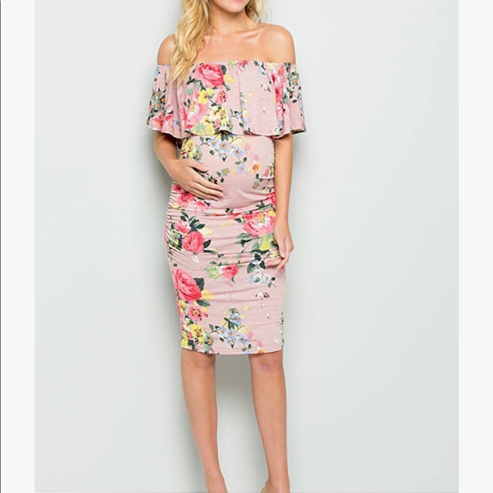 My Bump Women's Ruffle Off-Shoulder Maternity Ruched Mermaid Dress(Made in USA)
